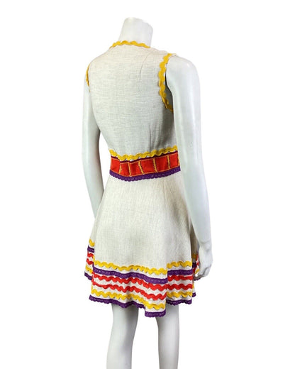 VINTAGE 60s CREAM RED YELLOW RIC-RAC CROCHETED LUCIE LINDEN MOD SWING DRESS 8
