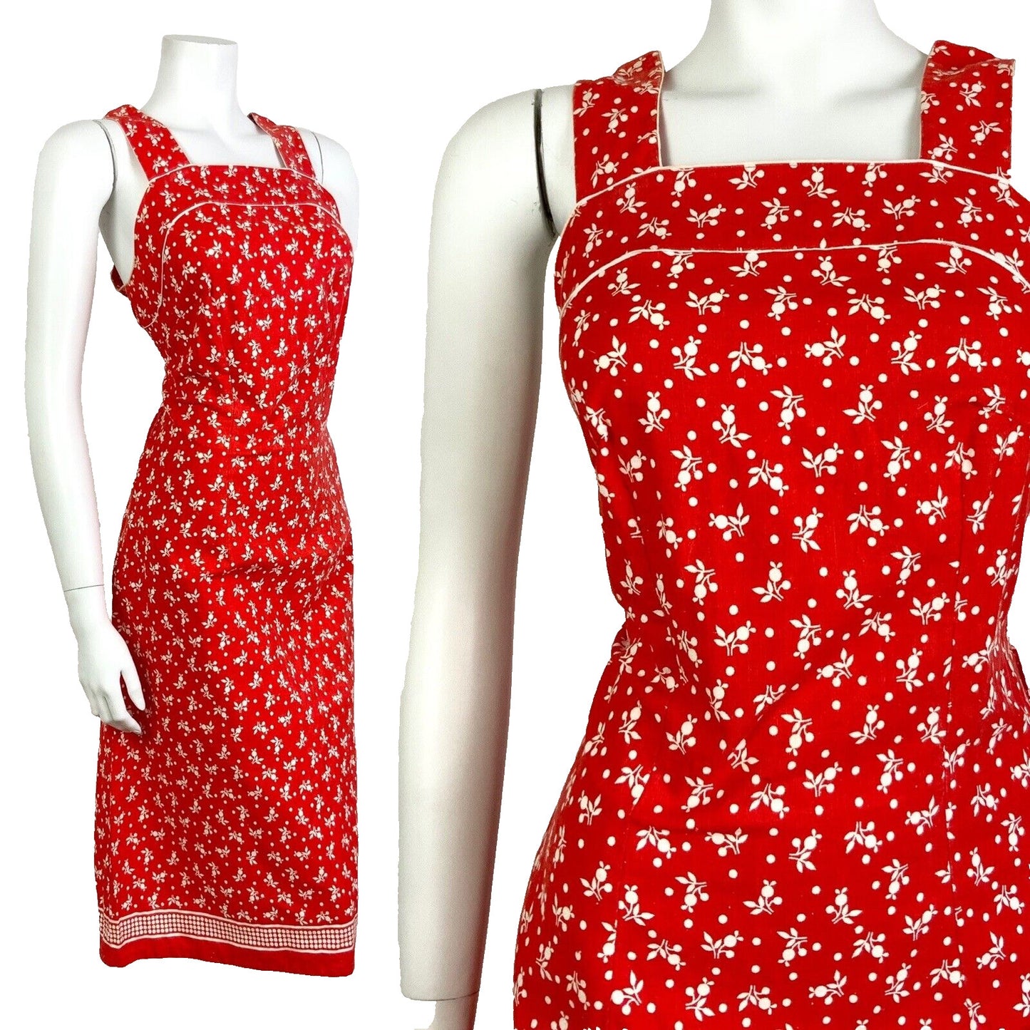 VINTAGE 60s 70s BRIGHT RED WHITE FLORAL DOTTY STRAPPY SUMMER APRON DRESS 10 12