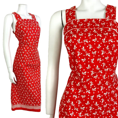 VINTAGE 60s 70s BRIGHT RED WHITE FLORAL DOTTY STRAPPY SUMMER APRON DRESS 10 12
