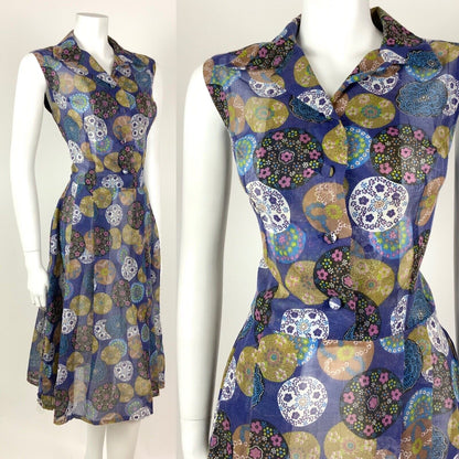 VINTAGE 60s 70s BLUE BLUE PINK GREEN DOTTY FLORAL MANDALA SHEER SUMMER DRESS 12
