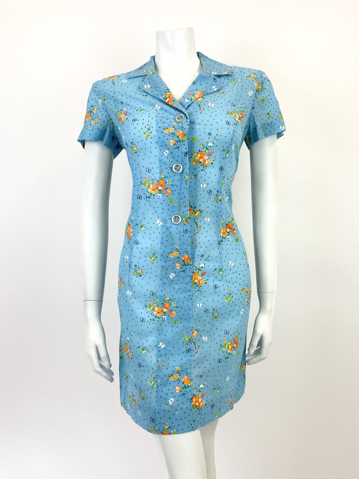 VTG 60s 70s BABY BLUE WHITE ORANGE FLORAL BUTTERFLY MOD SHEER SHIRT DRESS 10 12