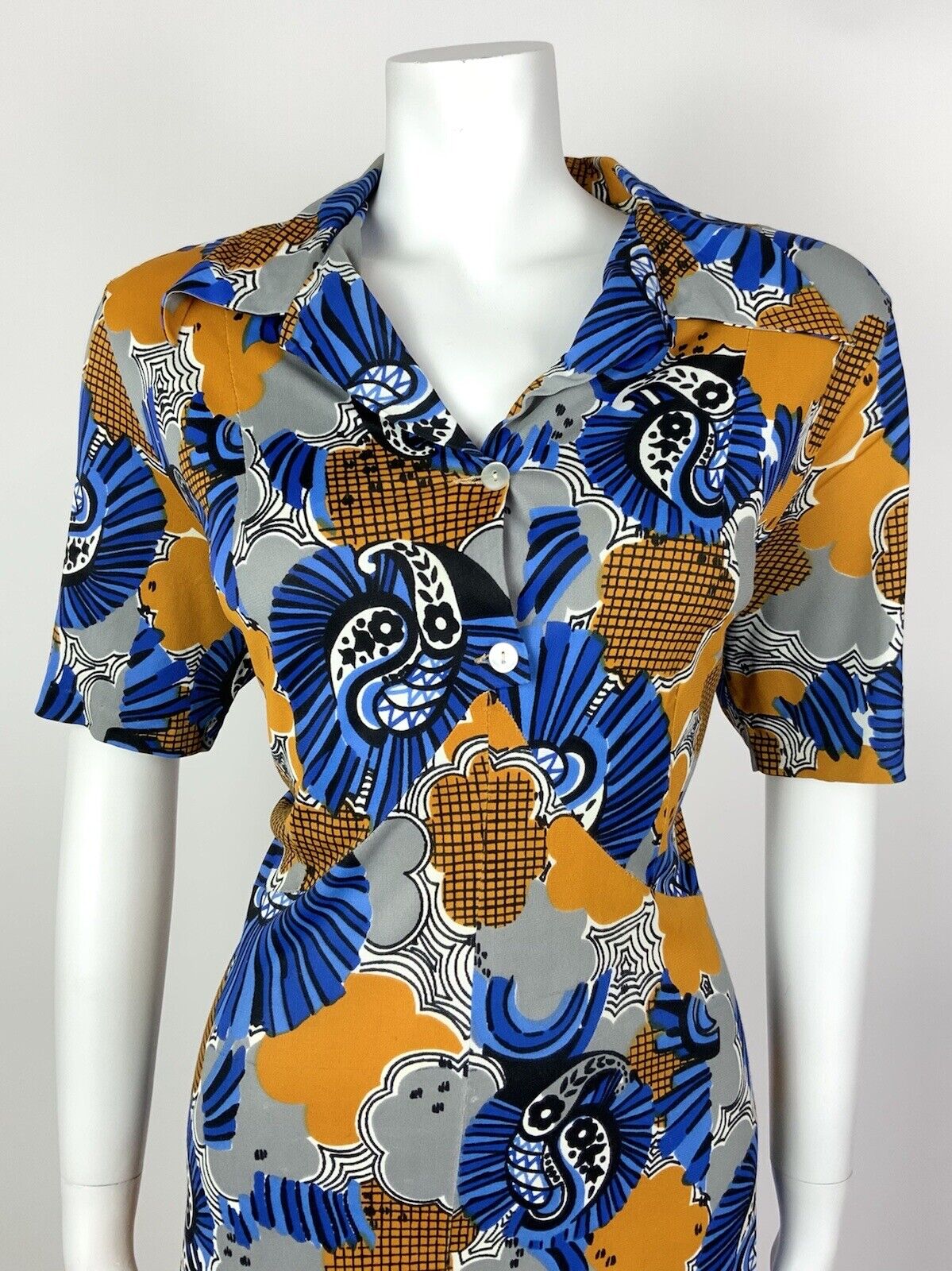VINTAGE 60s 70s BLUE SILVER YELLOW PSYCHEDELIC FLORAL PAISLEY SHIRT DRESS 16 18