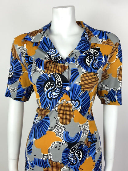 VINTAGE 60s 70s BLUE SILVER YELLOW PSYCHEDELIC FLORAL PAISLEY SHIRT DRESS 16 18