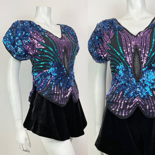 VINTAGE 70s BLUE PURPLE TEAL SEQUIN FLORAL STUDIO 54 DISCO GLAM BLOUSE TOP 8