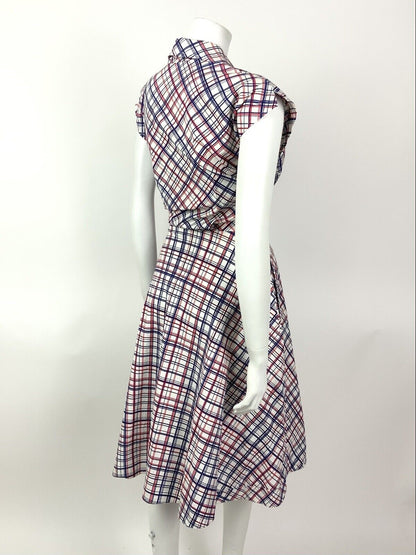 VINTAGE 60s 70s WHITE BLUE RED GRID CHECKED MOD WING SHIRT DRESS 10 12