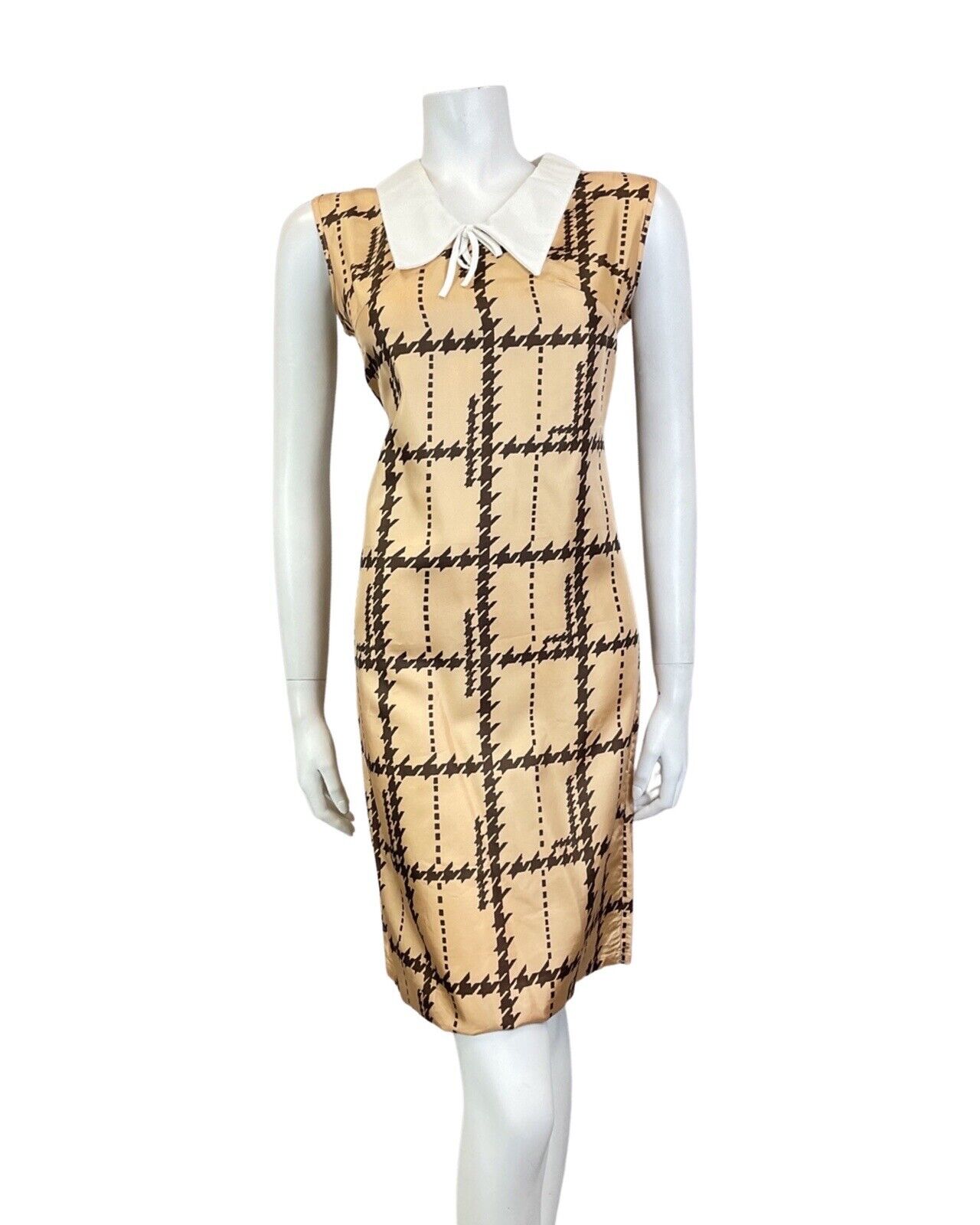 VINTAGE 60s 70s BROWN BRONZE HOUNDSTOOTH CHECKED MOD DAGGER SHIRT DRESS 8 10