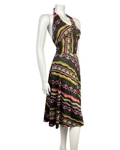 VINTAGE 60s 70s BLACK PINK YELLOW STRIPED FLORAL HALTER DRESS 8 10