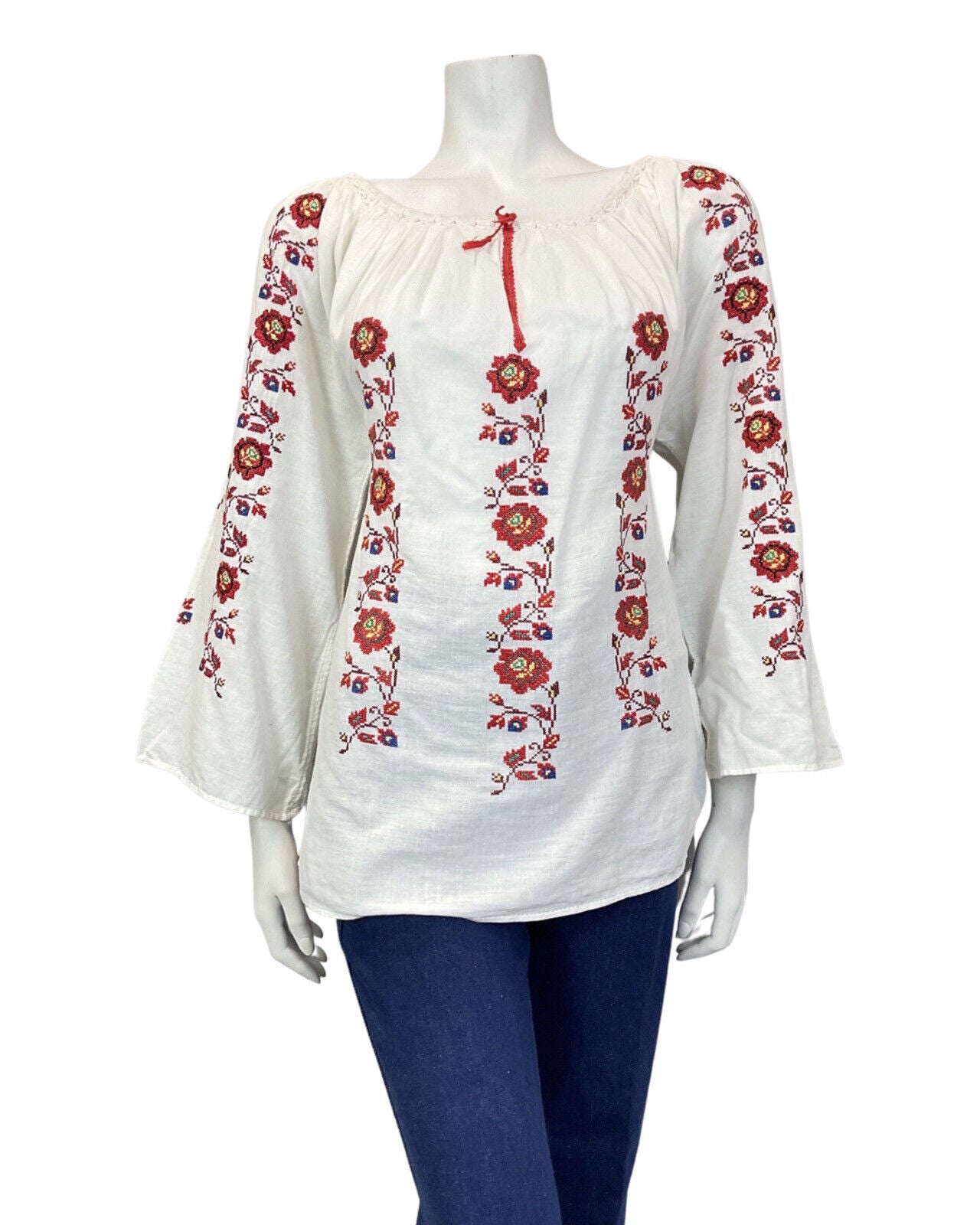 VINTAGE 60s 70s WHITE RED FLORAL CROSS-STITCH BOHO FOLK LONGSLEEVE BLOUSE 10 12