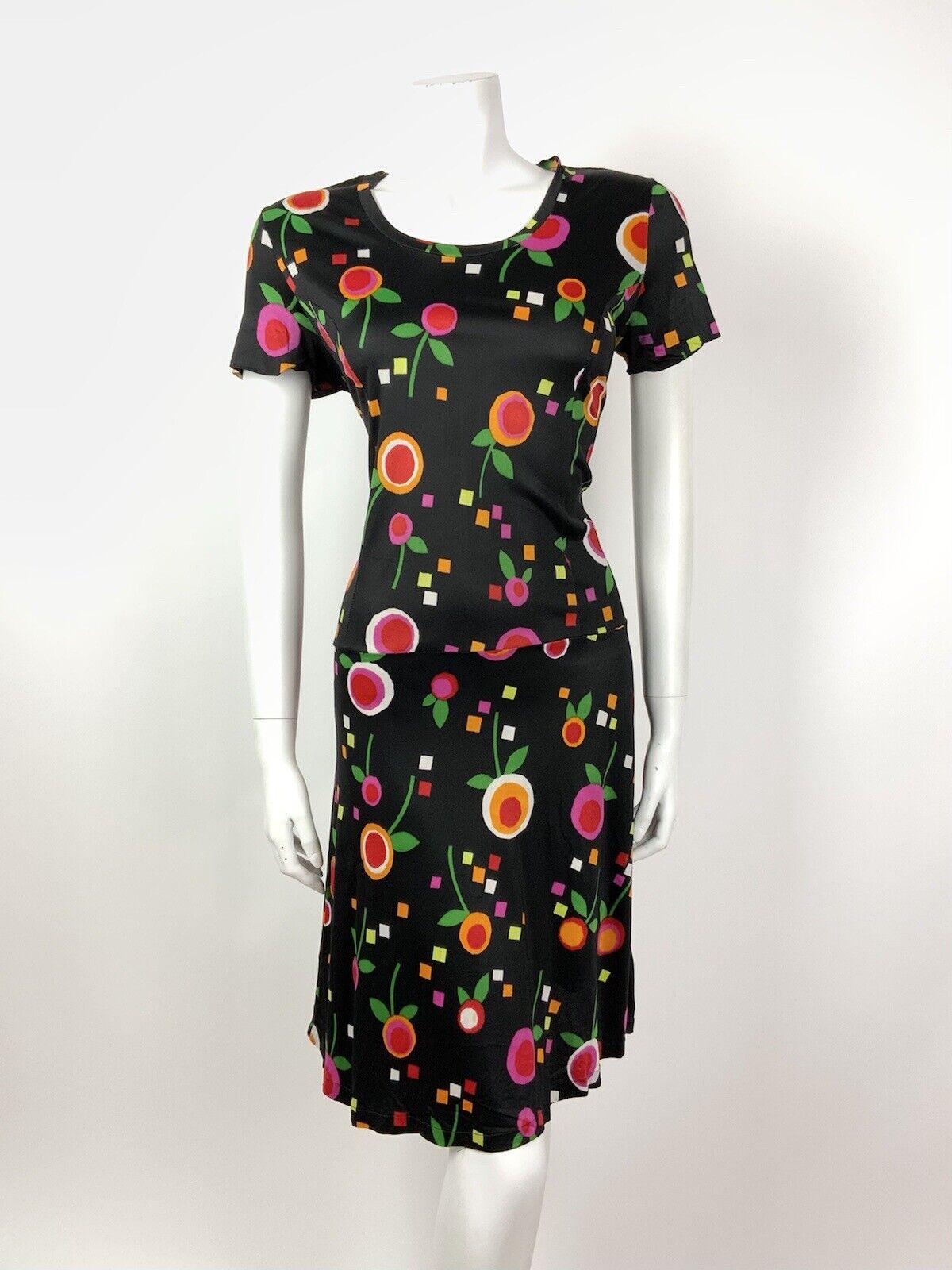 VINTAGE 60s 70s BLACK GREEN RED ORANGE PINK FLORAL SQUARE PSYCHEDELIC DRESS 12