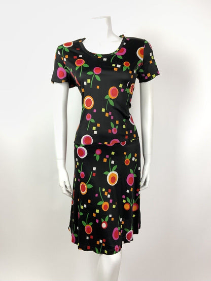 VINTAGE 60s 70s BLACK GREEN RED ORANGE PINK FLORAL SQUARE PSYCHEDELIC DRESS 12