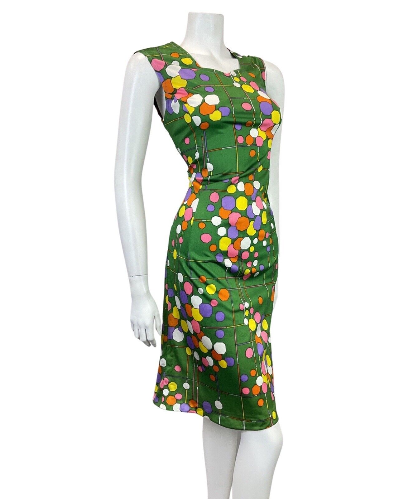VINTAGE 60s 70s GREEN YELLOW PURPLE GEOMETRIC SLEEVELESS SUMMER DRESS 10