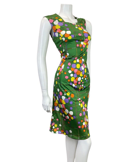 VINTAGE 60s 70s GREEN YELLOW PURPLE GEOMETRIC SLEEVELESS SUMMER DRESS 10