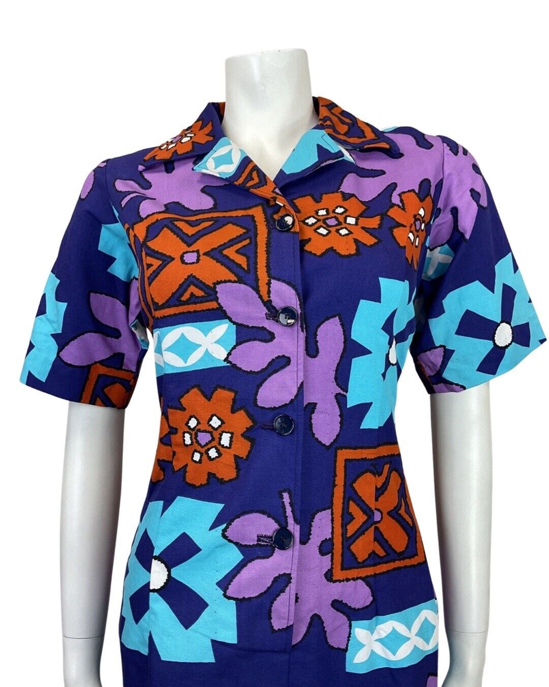 VINTAGE 60s 70s PURPLE BLUE ORANGE HAWAIIAN FLORAL SHIRT DRESS 14 16