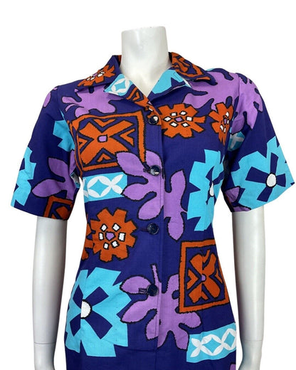 VINTAGE 60s 70s PURPLE BLUE ORANGE HAWAIIAN FLORAL SHIRT DRESS 14 16