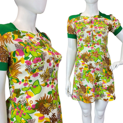 VINTAGE 60s 70s WHITE GREEN PINK FLORAL PSYCHEDELIC MOD SHORT DRESS 16