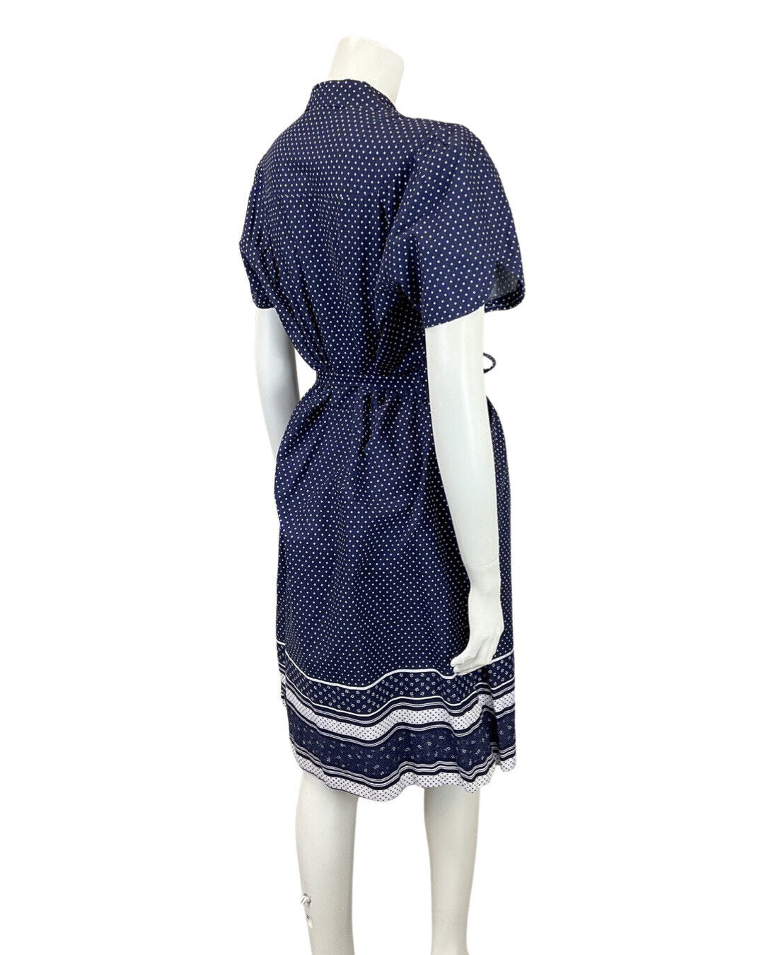 VINTAGE 60s 70s NAVY BLUE WHITE POLKA-DOT DITSY FLOWER SHIRT DRESS 12 14