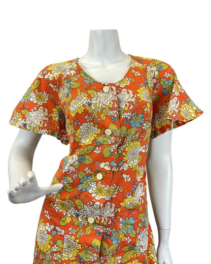 VINTAGE 60s 70s ORANGE YELLOW BLUE FLORAL LEAFY PSYCHEDELIC MOD MAXI DRESS 14