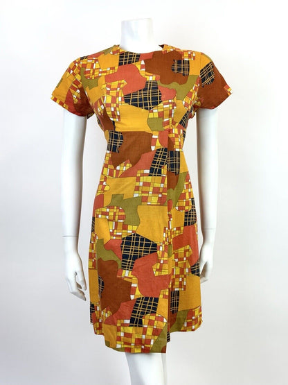 VTG 60s 70s ORANGE YELLOW RED BLACK PSYCHEDELIC CHECKED ABSTRACT MOD DRESS 12