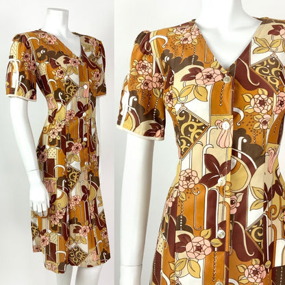 VINTAGE 60s 70s BROWN YELLOW RED PINK FLORAL GEOMETRIC BUTTONED DRESS 8 10