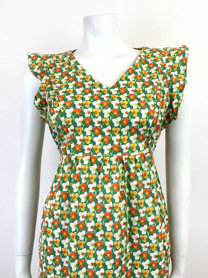 VTG 60s 70s GREEN WHITE ORANGE YELLOW FLORAL MOD SLEEVELESS SUMMER DRESS 12 14