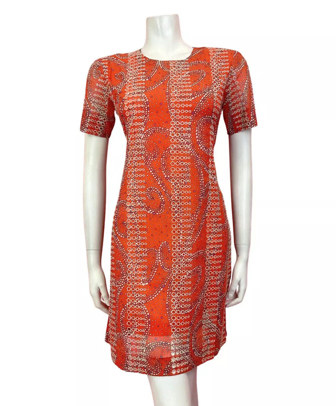 VINTAGE 60s 70s ORANGE WHITE PURPLE CUT-OUT SWIRL DOTTY MOD SHORT DRESS 8 10