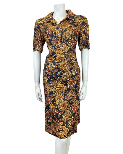 VINTAGE 60s 70s BLACK YELLOW ORANGE PSYCHEDELIC GEOMETRIC FLORAL SHIRT DRESS 16