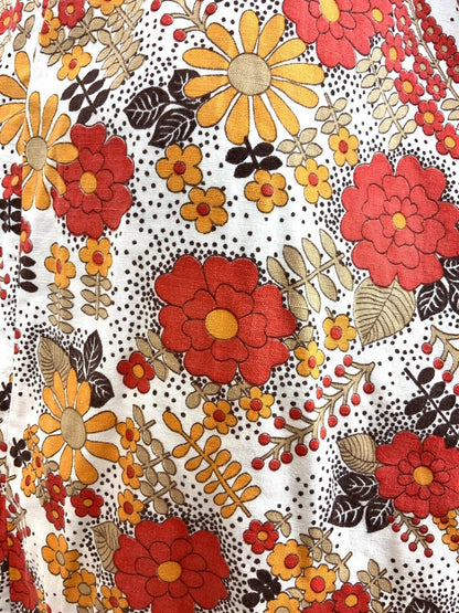 VTG 60s 70s WHITE ORANGE BROWN FLORAL DOTTY PSYCHEDELIC PINAFORE APRON DRESS 14