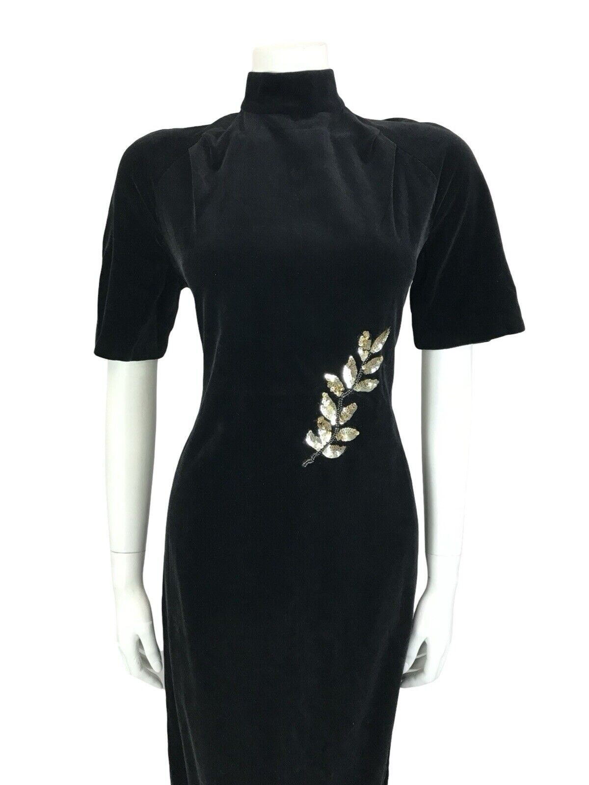 VTG 60S 70S BLACK VEVET GOLD LEAF EMBELLISHED SEQUIN BEADED MIDI PARTY DRESS 4 6