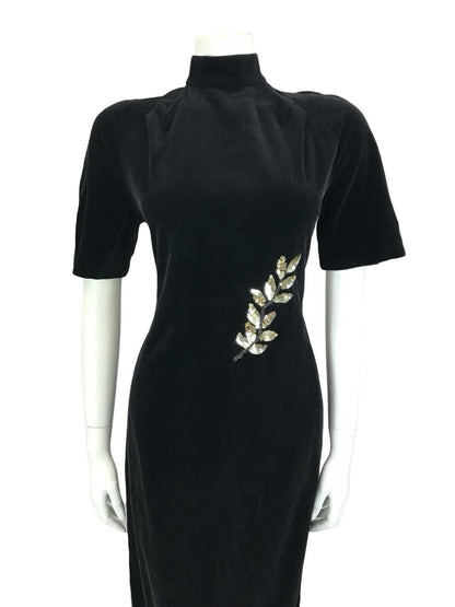 VTG 60S 70S BLACK VEVET GOLD LEAF EMBELLISHED SEQUIN BEADED MIDI PARTY DRESS 4 6