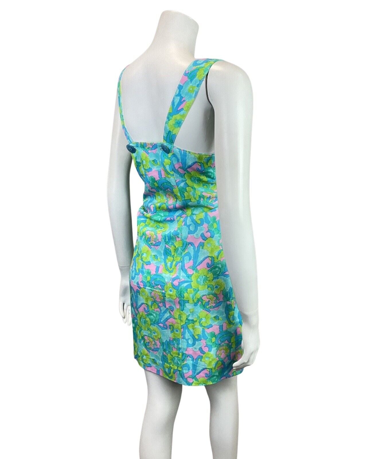 VINTAGE 60s 70s BLUE GREEN PINK PSYCHEDELIC SUMMER PINAFORE A-LINE DRESS 8
