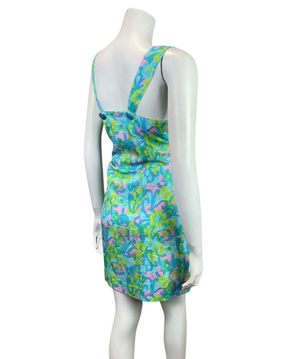VINTAGE 60s 70s BLUE GREEN PINK PSYCHEDELIC SUMMER PINAFORE A-LINE DRESS 8