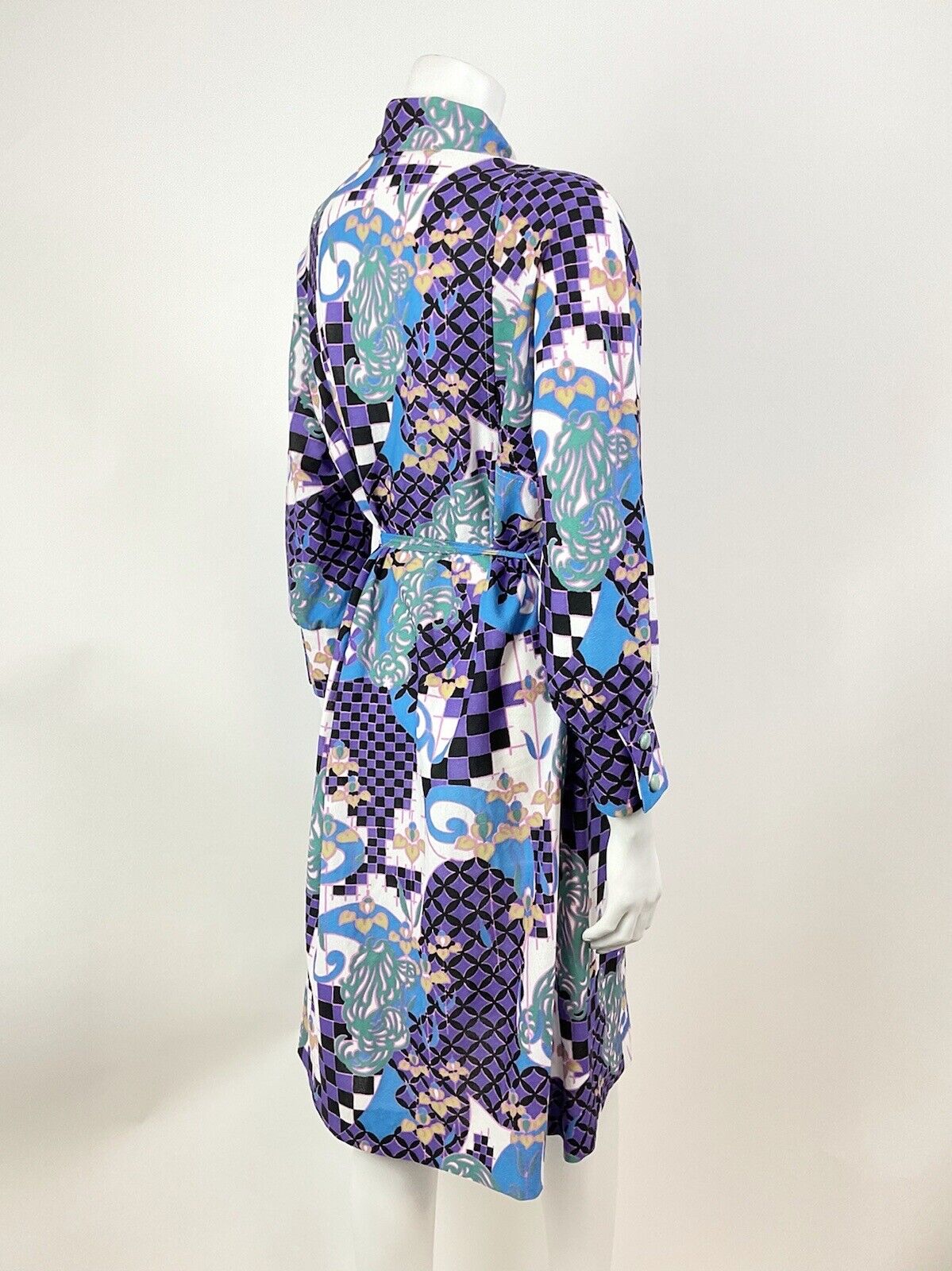 VTG 60s 70s PURPLE GREEN BLACK PSYCHEDELIC CHECKERBOARD DAGGER SHIRT DRESS 12 14