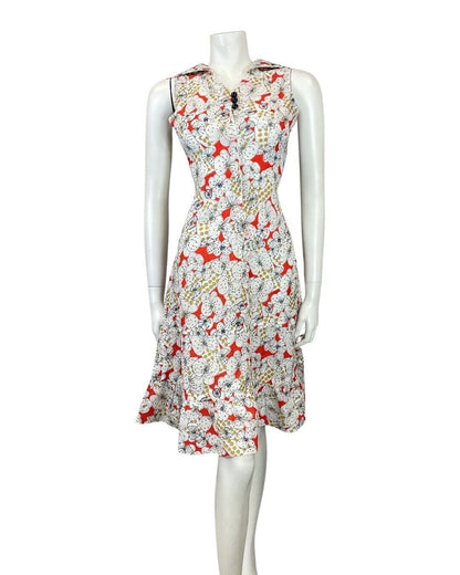 VINTAGE 60s 70s RED WHITE BLACK FLORAL PSYCH DROP-WAIST DAGGER SHIRT DRESS 8