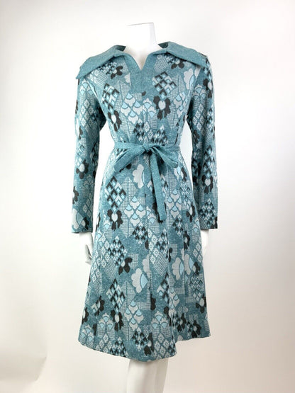 VINTAGE 60s 70s BLUE BLACK WHITE DAISY GEOMETRIC PSYCHEDELIC DAGGER DRESS 14 16