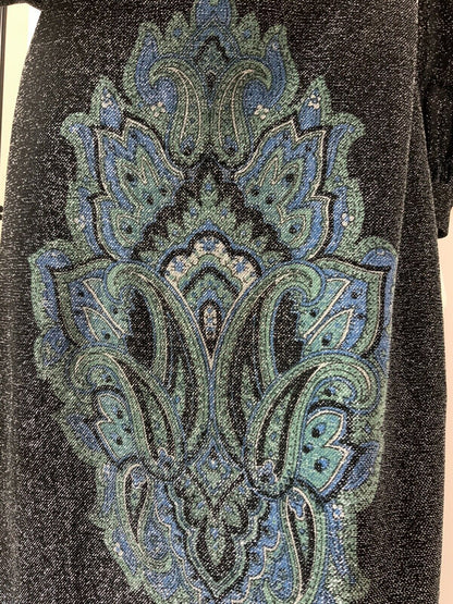 VINTAGE 60s 70s BLACK SILVER BLUE PAISLEY MANDALA ETHNIC LUREX MAXI DRESS 12 14