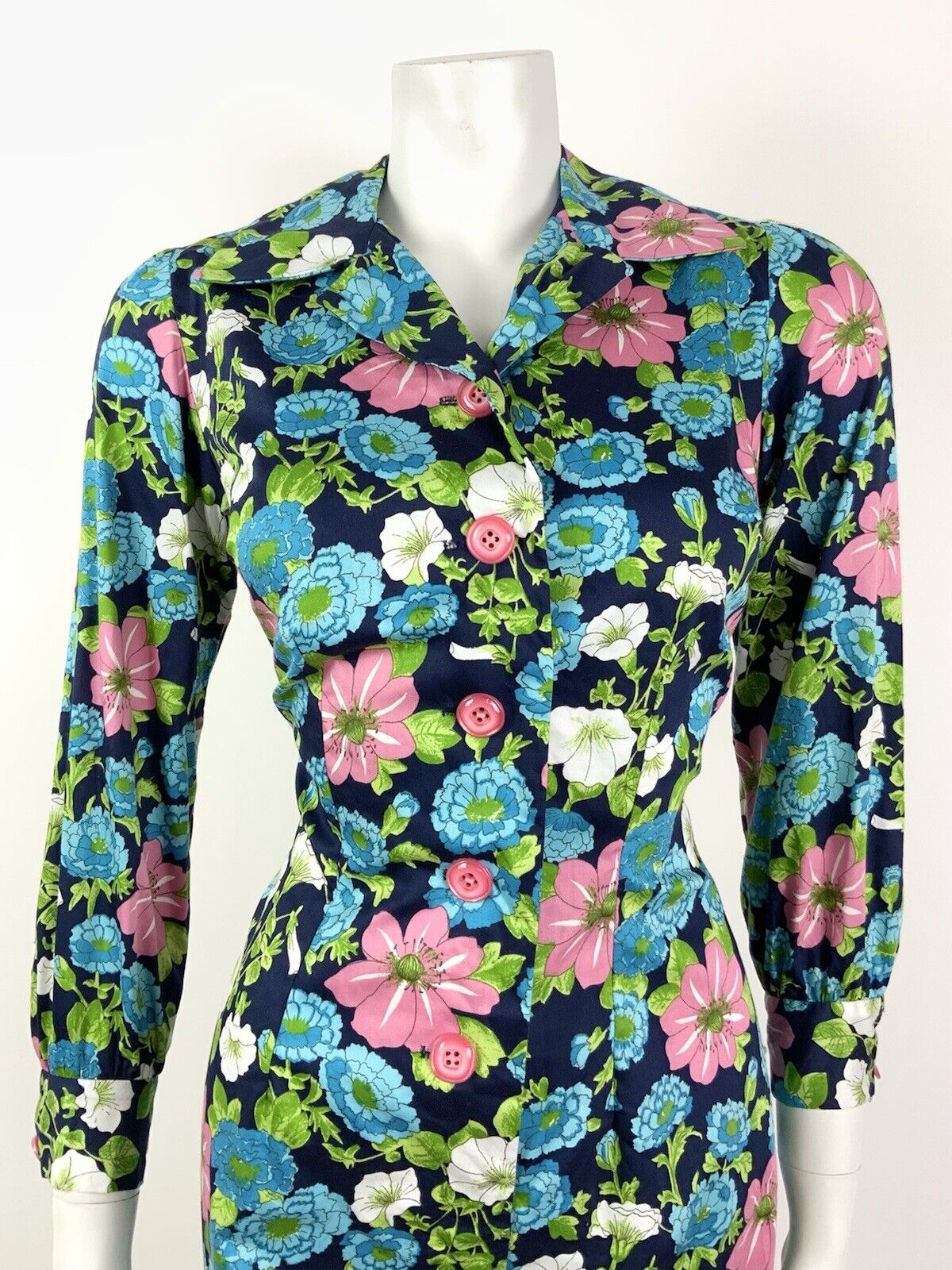 VINTAGE 60s 70s BLUE GREEN PINK WHITE FLORAL DAGGER COLLAR SHIRT DRESS 10 12