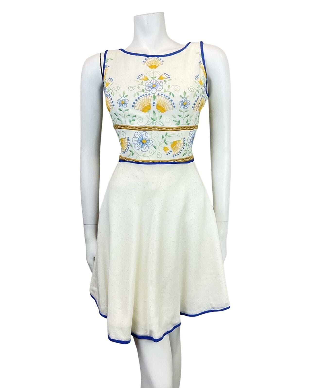 VINTAGE 60s 70s CREAM BLUE YELLOW FLORAL EMBROIDERED SLEEVELESS DRESS 10