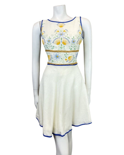 VINTAGE 60s 70s CREAM BLUE YELLOW FLORAL EMBROIDERED SLEEVELESS DRESS 10