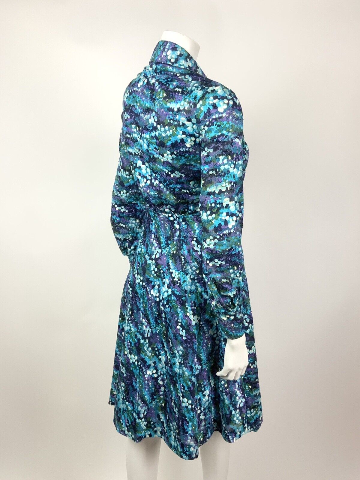 VINTAGE 60s 70s BLUE GREEN PURPLE PSYCHEDELIC FLORAL BUBBLE SHIRT DRESS 10