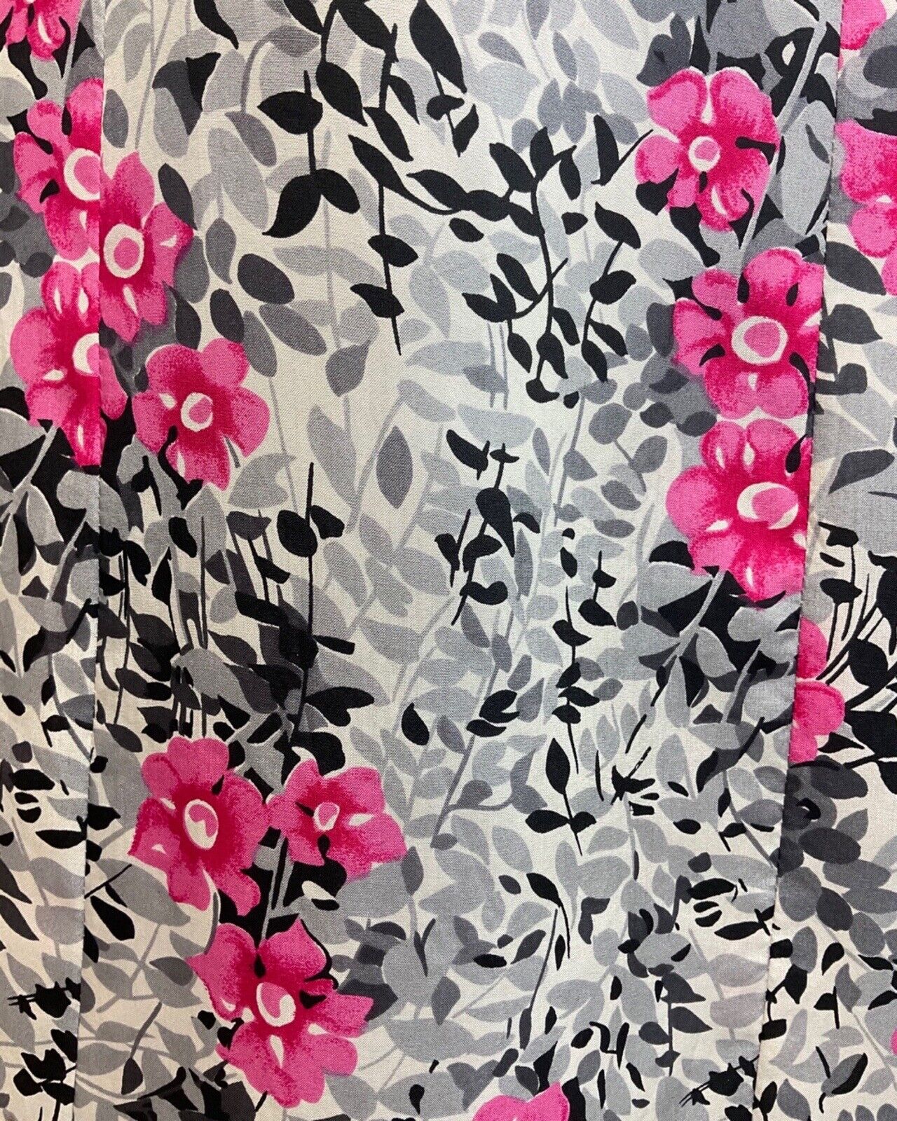 VINTAGE 60s 70s SILVER GREY PINK LEAFY FLORAL BELTED SWING SHIRT DRESS 12 14