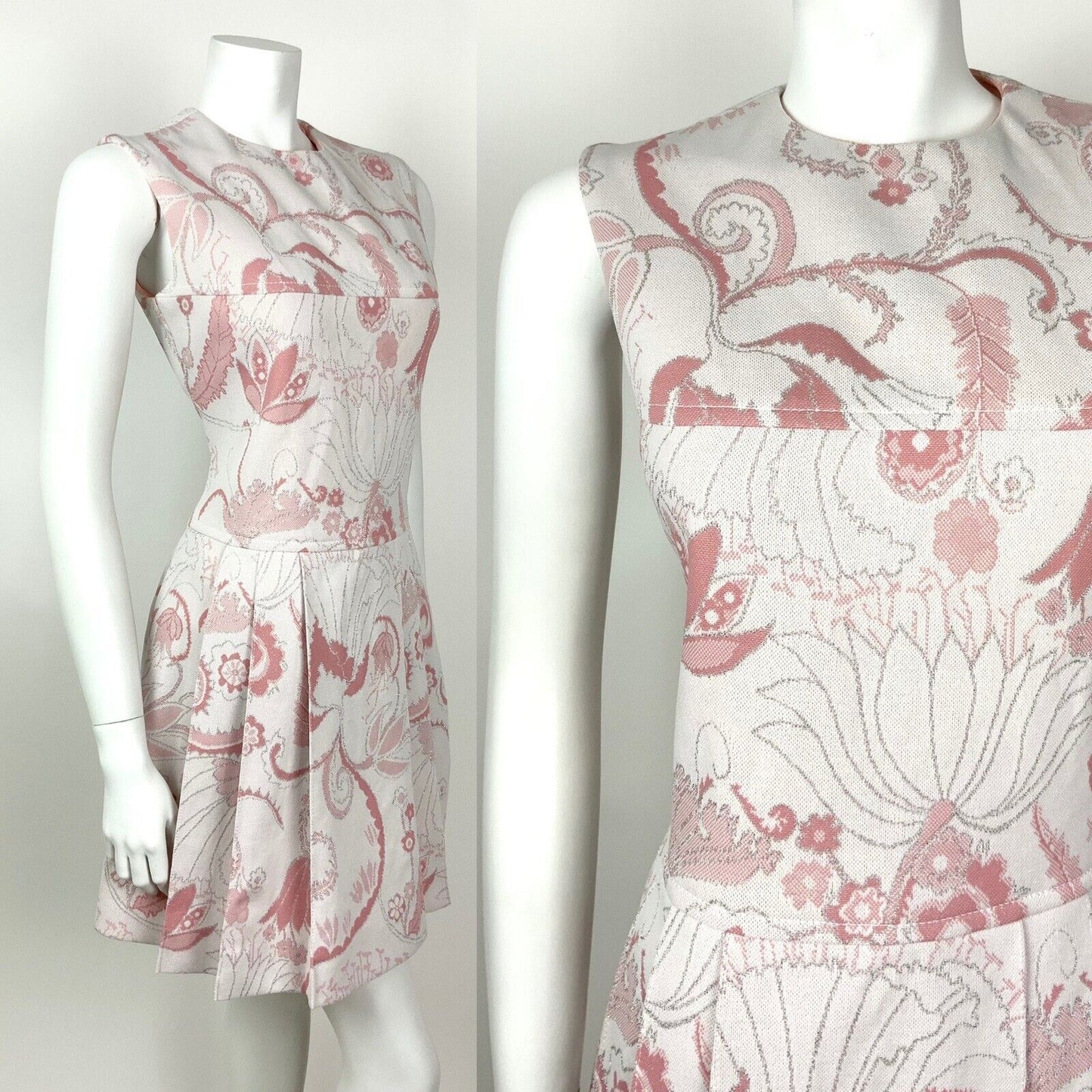 VINTAGE 60s 70s PINK WHITE SILVER LUREX FLORAL SWIRL SLEEVELESS PLEATED DRESS 10