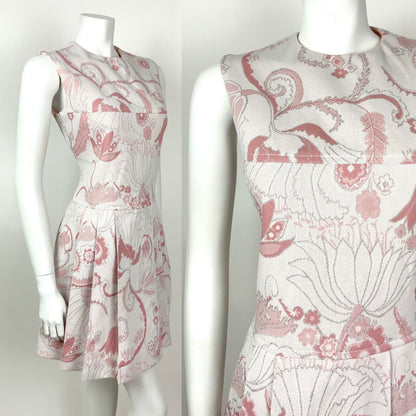 VINTAGE 60s 70s PINK WHITE SILVER LUREX FLORAL SWIRL SLEEVELESS PLEATED DRESS 10