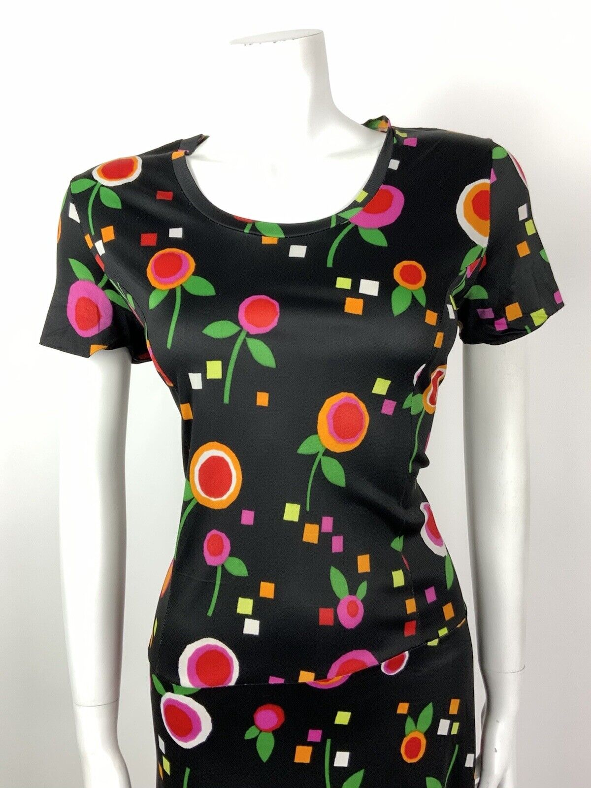 VINTAGE 60s 70s BLACK GREEN RED ORANGE PINK FLORAL SQUARE PSYCHEDELIC DRESS 12
