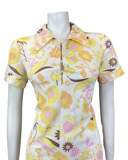 VINTAGE 60s WHITE YELLOW PINK DAISY FLORAL LACE-UP DAGGER SHIRT DRESS 12 14