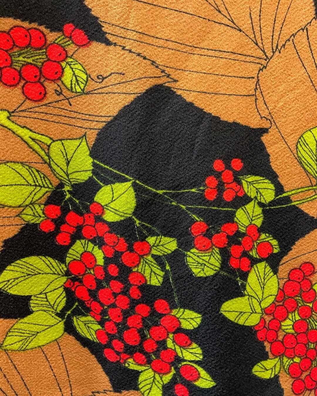 VINTAGE 60s 70s BROWN BLACK RED LEAFY BERRY MOD FIT & FLARE SHORT DRESS 6 8