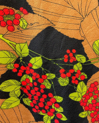 VINTAGE 60s 70s BROWN BLACK RED LEAFY BERRY MOD FIT & FLARE SHORT DRESS 6 8