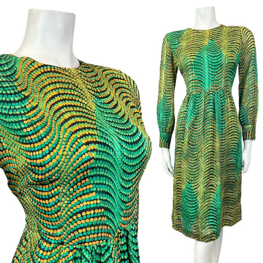 VINTAGE 60s 70s GREEN GOLD BLACK PSYCHEDELIC WAVY DOTTY SWING DRESS 10