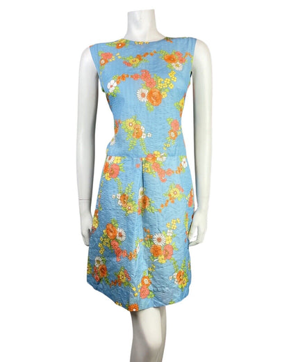 VINTAGE 60s 70s BLUE ORANGE WHITE FLOWER POPPY VINE LEAF SUMMER DRESS 8 10