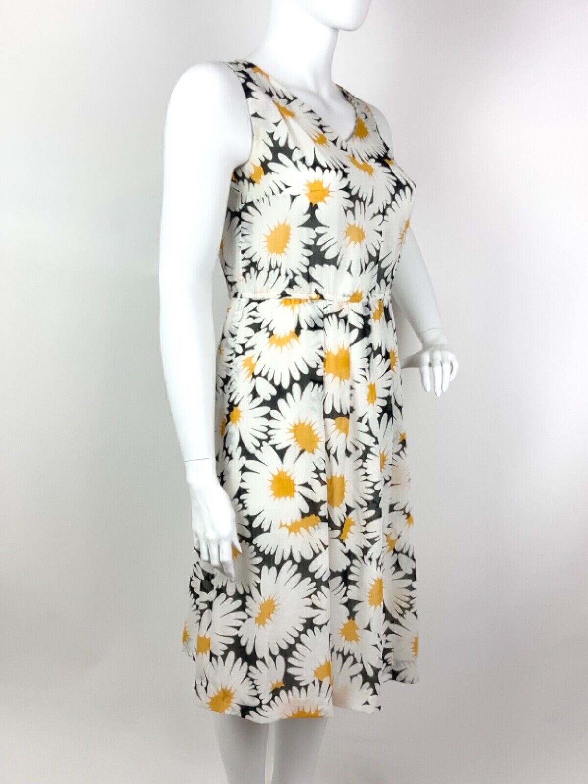 VTG 70s 80s WHITE BLACK YELLOW FLORAL DAISY SLEEVELESS SUMMER DRESS 16