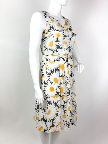 VTG 70s 80s WHITE BLACK YELLOW FLORAL DAISY SLEEVELESS SUMMER DRESS 16